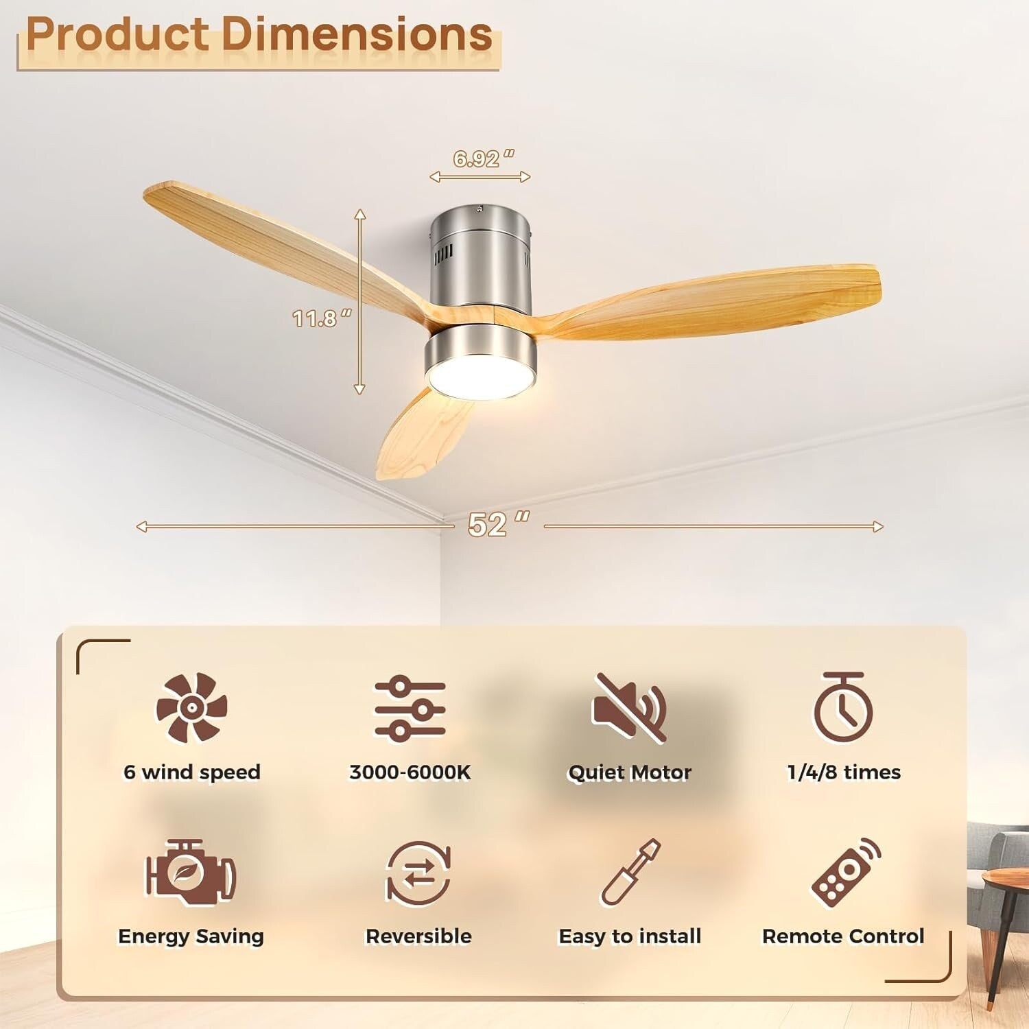 Sofucor 52 Inch Flush Mount Ceiling Fan with Remote, Reversible Motor,Integrated Light Optional