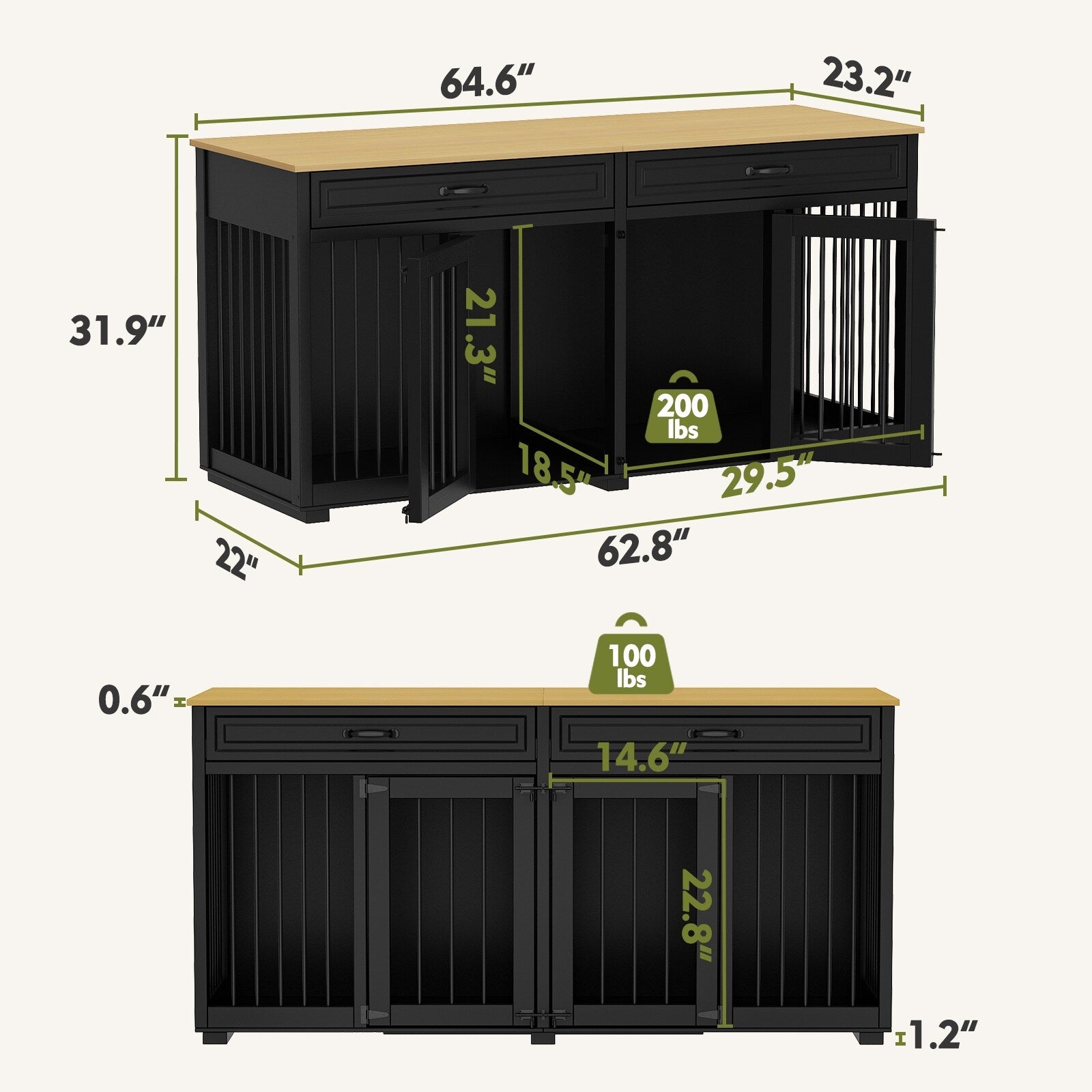 Wooden Double Dog Crate Kennel Furniture with 2 Drawers & Divider